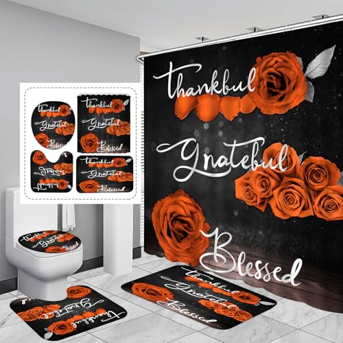 4Pcs Orange Rose Shower Curtain Sets, Thankful Grateful Blessed Bathroom Curtain with Non-slip Rug, Toliet Lid Cover, Bath Mat and 12 Hooks, Juice Flower Romantic Showy Floral Farm Fall Decor for Bath - color: Orange