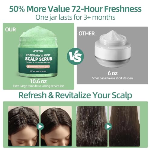 Rosemary Scalp Scrub & Exfoliator for Fuller Hair - Sea Salt & BHA Scalp Treatment with Silicone Massager Brush - Deep Cleanser for Oily Roots, 10.58oz