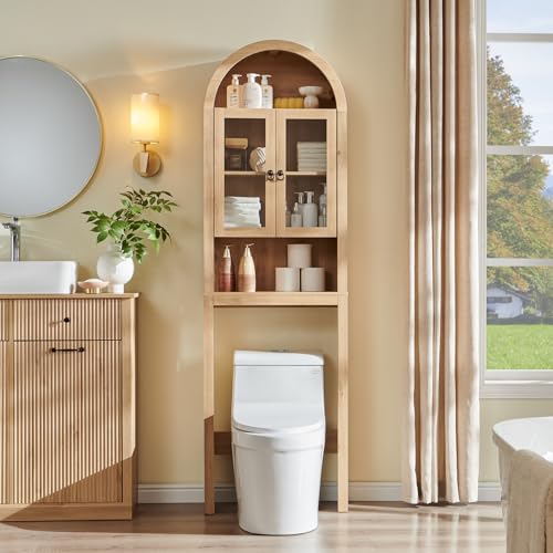 IFGET Arched Over The Toilet Storage Cabinet with Acrylic Doors, Modern Over Toilet Bathroom Organizer Shelf, Small Wooden Bathroom Storage Cabinet with Adjustable Shelf,Space Saver, Natural Oak - color: Natural Oak