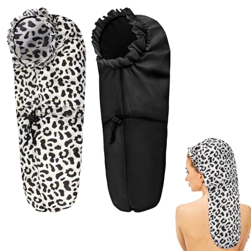 2 Pcs Large Shower Cap for Braids, Extra Long Shower Cap for Women Long Hair & Locs, Waterproof Hair Bonnets for Dreadlocks Drawstring Bath Caps for Women & Men (Black, Cow Print) - color: Black, Cow Pattern