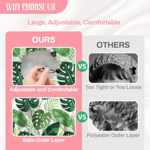 Tropical Leaves Reusable Shower Cap Green Monstera Double Layer Waterproof Shower Caps Large Elastic Hair Cover Adjustable Hair - Drying Caps for Woman Man Bath SPA Travel One Size Fits Most - color: Tropical Leaves