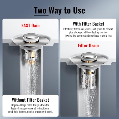5-in-1 Bathroom Sink Stopper, 2 Pc Pop-Up Sink Drain Strainer with Removable Bascket, Anti-Clog Strainer, Odor Blocking & One-Way Flow Design, Brass & Stainless Steel All Metal Made, Fit 1.1"–2.36"