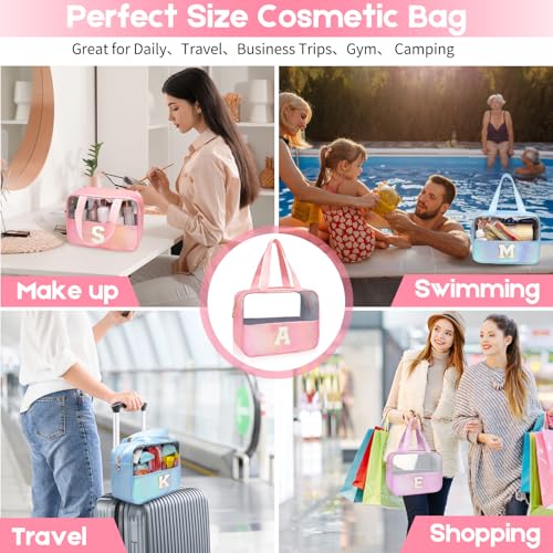Personalized Initial Clear Makeup Bag Blue Cosmetic Bag Set Large Travel Toiletry Bag, Cute Clear Make Up Bags Organizer Bag for Girlfriend Teacher Gifts Teen Girl Gifts Trendy Stuff A (Blue) - color: Blue, style: A