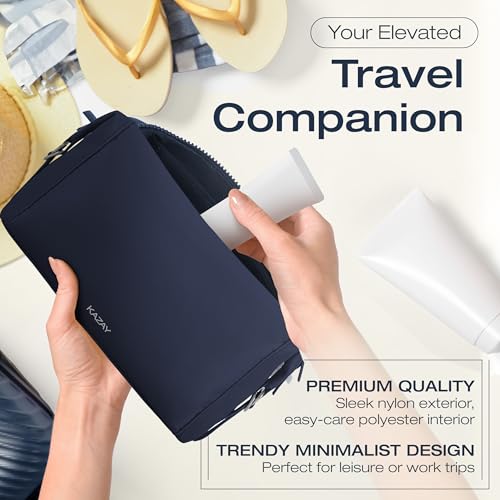 KAZAY Expandable Toiletry Bag with Side Clips for Adjustable Sizing, Premium High-Density Nylon, Open Wide Zipper, Stylish, Water Resistant, Cosmetic Bag, Makeup Bag, Full-Size Bottles, Unisex (Navy) - color: Navy