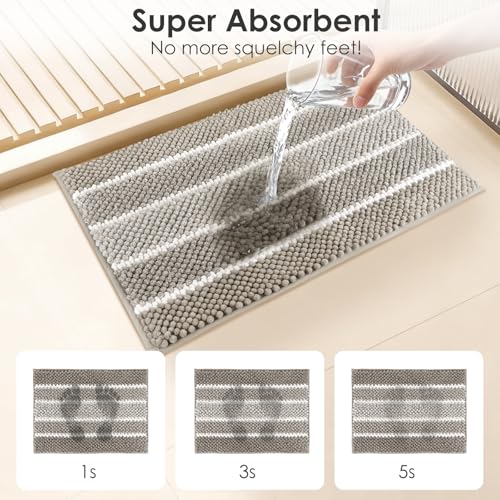 ArtyCozy Bathroom Rug, Extra Thick Absorbent Chenille Striped Pattern Shaggy Bath Mat Non Slip, Soft Plush Bath Floor Mats, Machine Washable, Brown, 17"x47" - color: Brown, size: 17" × 47"