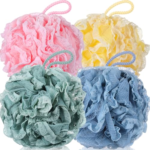 Sunnyray 4 Pack Loofah Bath Sponge Lace Mesh Set Large 60g Shower Poufs Body Scrubber Bath Loofah Ball Body Wash Sponge Exfoliating Scrubber Luffa Puff for Women Men Cleanse Skin Accessories(Fresh) - color: Fresh