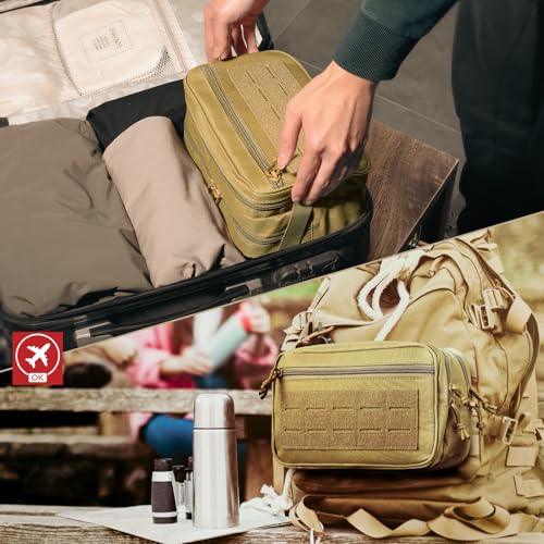 RXW EDC Toiletry Bag for Men, Tactical Dopp Kit, Molle Pouches Compact Travel Organizer for Shaving Shower, Hygiene, Grooming (Includes Dry/Wet Compartment & US Flag Patch) - color: Khaki