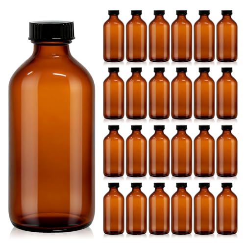 24 Pack 8 oz Amber Glass Boston Round Bottles with Phenolic Polycone Caps – Airtight, Leak-Proof Bottles for Vanilla Extract, Kombucha Brewing, Essential Oils, and Homemade Solutions - size: 8 ounces