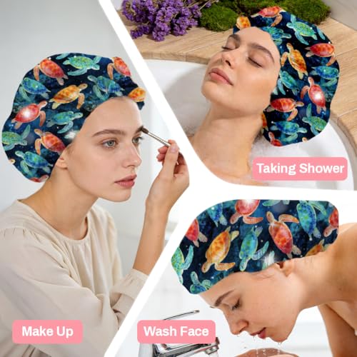 Sea Turtle Reusable Shower Cap Ocean Double Layer Waterproof Shower Caps Large Elastic Hair Cover Adjustable Hair - Drying Caps for Woman Man Bath SPA Travel One Size Fits Most - color: Sea Turtle