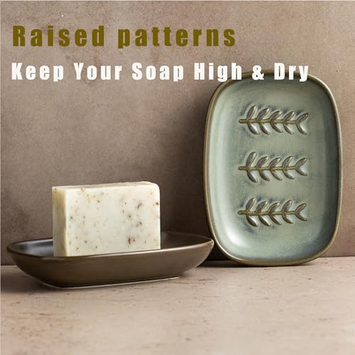 Miamolo Soap Dish Soap Holder Shower, Ceramic Soap Dishes for Bar Soap Sponge, Farmhouse Shower Soap Dish, Large Soap Saver Tray for Bathroom Kitchen Sink, Easy Cleaning, Extend Soap Life, Brown - color: Brown, size: Leaf Design