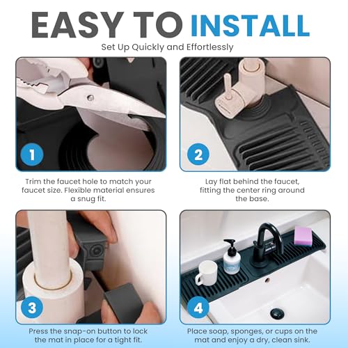 Faucet Mat for Kitchen Sink – 24 Inch Silicone Sink Splash Guard with 2 FREE Drain Cleaning Rods, Food-Grade Kitchen Faucet Mat, Self-Draining Countertop Protector for Kitchen & Bathroom