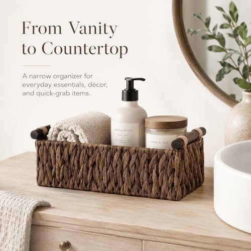 Water Hyacinth Toilet Tank Basket – Wicker Toilet Paper Storage Basket for Back of Toilet, Bathroom Counter Organizer with Wooden Handles, Brown - color: Brown