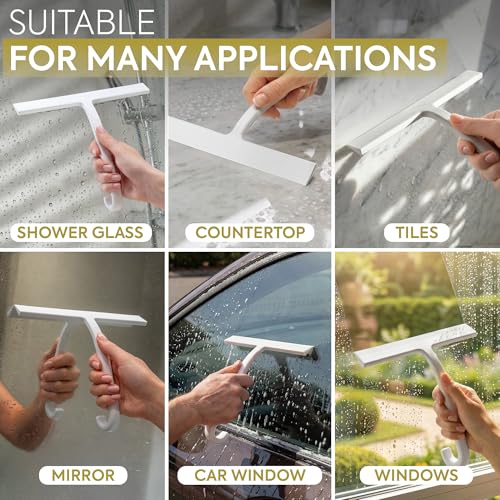 GÜTEWERK Shower Squeegee for Glass Doors – Bathroom Squeegee for Shower Glass & Tile Walls, Streak-Free & No-Squeak Silicone Blade, Stainless Steel Core, Hang Hook + Suction Cup, White, 10 Inch - color: White