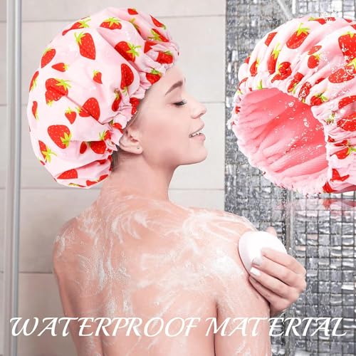 Shower Cap for Women Terry Lined Bath Cap Large Reusable Waterproof Elastic Band Pink Shower Caps for Long Thick Hair Soft Bath Shower Hair Caps - color: PINK STRAWBERRIES