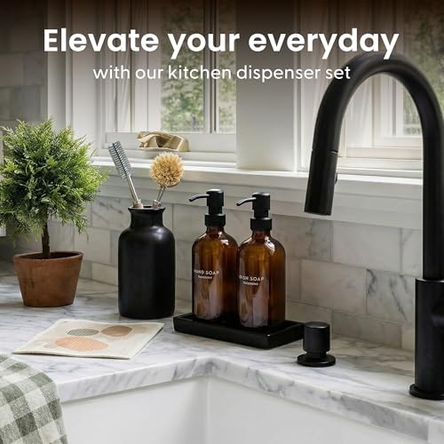 Maisonovo Kitchen Soap Dispenser Set - Hand and Dish Soap Dispenser Set with Amber Glass Soap Dispenser, Black Pumps & Ceramic Tray - color: Amber Bottles/ Black Pumps/ Black Ceramic Tray