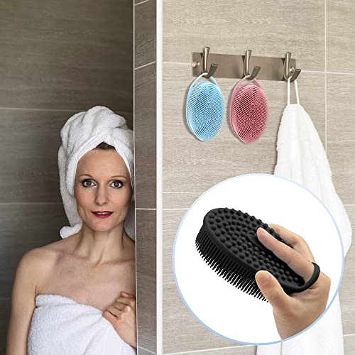 PQRUU 3 Pack Silicone Body Scrubber, Exfoliating Soft Loofah Bath Body Scrubbers for Use in Shower, Exfoliating Body Scrubber Fit for All Kinds of Skin, Rapid Foaming Black+Blue+Pink - color: Black,blue,pink