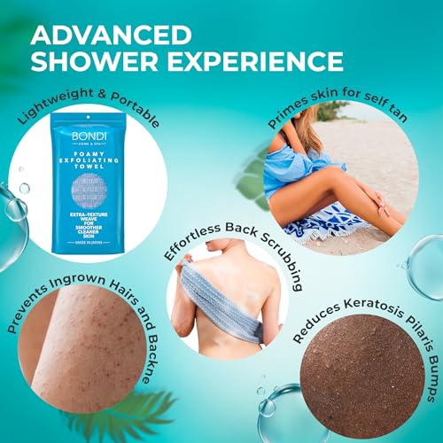 BONDI Exfoliating Shower Towel for Smooth Skin - Extra Long - Perfect for Back Scrubbing - Made in Japan