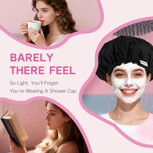 Years Calm Shower Cap for Women Waterproof Reusable – 27g Ultra Lightweight Double-Layer Shower Bonnet, Secure Fit for Long, Curly Hair, Travel & Spa (Black) - color: Black
