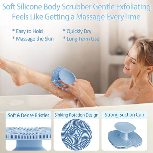 Soft Silicone Body Scrubber, Gentle Like a Hand Exfoliating Your Skin and Build Up Lather Easily, Back Large Suction Cup Easy to Store, Long-Lasting & Deep Clean (Blue) - color: Blue