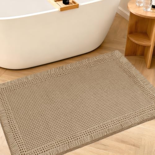 Upgraded Waffle Bath Mat, 32"x20" Beige-Bordered, Super Absorbent Non-Slip Quick Dry Bathroom Rugs with Tassels, Machine Washable Ultra Soft Boho Bath Rugs for Floor, Toilet Mats Boho Farmhouse Decor - color: Beige, size: 1'8" x 2'8" (Rectangular)