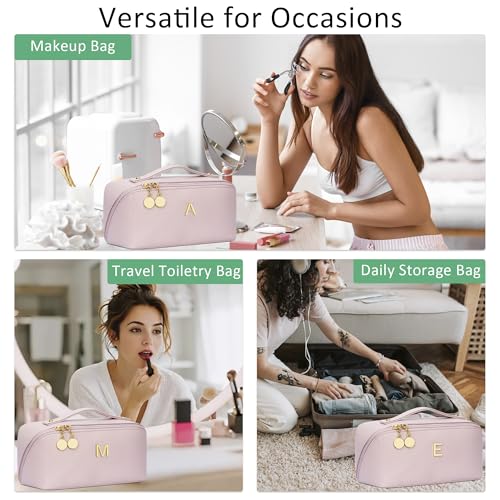 Initial Makeup Bag Gifts for Women Bridesmaid Gifts Travel Toiletry Personalized PU Leather Waterproof Cosmetic Bag (Medium-Pink-N) - color: MediumPink, style: N