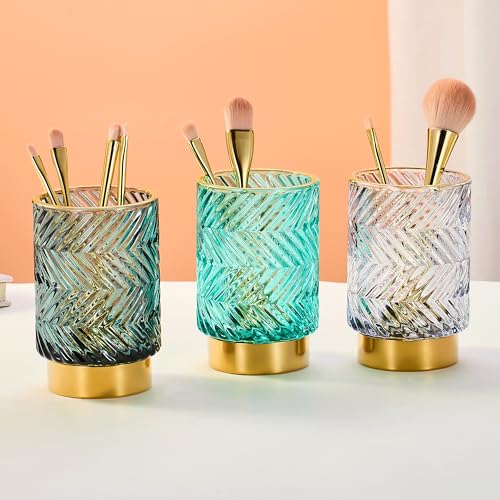 Makeup Brush Holder Organizer,Toothbrush Holders,Desk Pen Pencil Holder,Multifunctional Vintage Glass Brush Cup（A40-7-US） - color: Dark Green