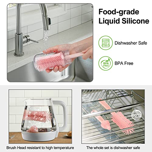 YomauiYee Baby Bottle Brush Set-6 in 1 Bottle Brush Cleaner with Silicone Bottle Brush,Drying Rack,Nipple Brush,Straw Brush,Soap Dispenser&Storage Box-Baby Essentials Gifts for Home&Travel(Pink) - color: Pink