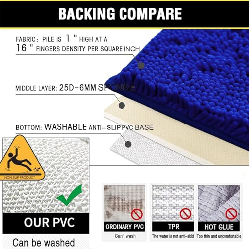 Bathroom Rugs Chenille 3-Piece Extra Soft and Absorbent Shag Bathroom Rugs, Machine Wash Mat, Strong PVC Non-Slip Underside, Plush Carpet Mats (Royal Blue) - color: Royal Blue, size: 2'8" x 1'8" (16x24"+20x32"+20x20"U shape）