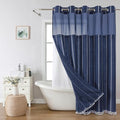 eachope No Hook Boho Farmhouse Shower Curtain with Snap-in Liner Set,Linen Rustic Heavy Duty Striped Fabric Shower Curtain with Tassel,Hotel Style Cloth Shower Curtains for Bathroom,Navy Blue,71x74 - color: Navy Blue, size: 71"W x 74"L (Pack of 1)