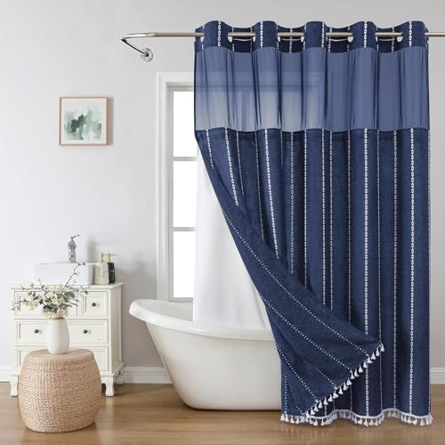eachope No Hook Boho Farmhouse Shower Curtain with Snap-in Liner Set,Linen Rustic Heavy Duty Striped Fabric Shower Curtain with Tassel,Hotel Style Cloth Shower Curtains for Bathroom,Navy Blue,71x74 - color: Navy Blue, size: 71"W x 74"L (Pack of 1)