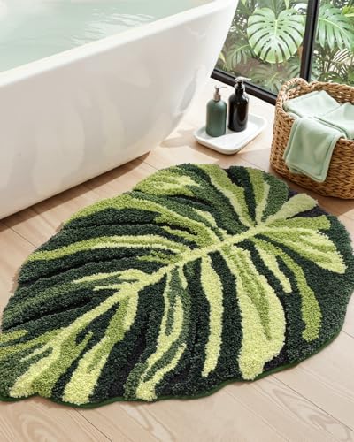 DEXI Leaf Bathroom Rugs Monstera, 47x31.5 Soft Fluffy Cute Bath Mat with Non Slip Backing, Washable Absorbent Bath Rug Quick Dry for Shower Floor, Toilet, Bedroom, Kids Room - color: Ample Monstera Deliciosa-large