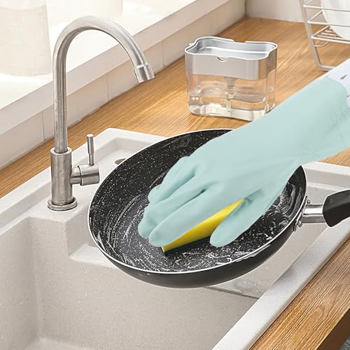 YARNOW Reusable Waterproof Flocked Thickened Rubber Gloves for Dishwashing and Household Cleaning, Large Size, Pink and Green, 4pcs Set, Insulated for Kitchen and Laundry Use