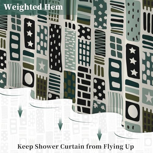 Fabric Shower Curtain with Hooks, Waterproof & Washable Polyester, Boho Green Checkered Geometric Shower Curtains for Bathroom, Neutral Modern Abstract Pattern Bathroom Curtain, 71x74 Inch - color: Green Abstract Geometric
