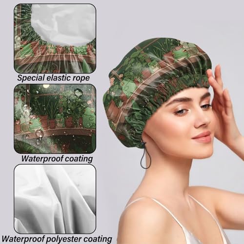 2 PCS Shower Cap Reusable Waterproof Double Layers Hair Caps Shower Bath Adjustable Elastic Hat for Women Girls Cute Aesthetic-Leaf Frog - color: AI20-Leaf Frog