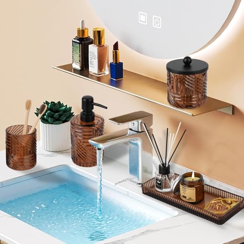 Bathroom Accessories Set,4 Pcs Amber Glass Bathroom Accessories Sets Complete with Lotion Soap Dispenser,Toothbrush Holder,Qtip Holder Dispenser and Vanity Tray,Bathroom Countertop Vanity Organizer - color: Amber Brown