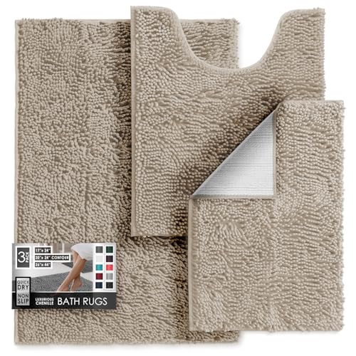 Hearth & Harbor Bathroom Rugs, Chenille Bath Mat - Machine Washable Bath Mats for Bathroom Non-Slip Backing Rubber, Quick Dry Mat - Beige Bath Rug, 17x24-26x44-20x24 - color: Beige, style: 17x24 / 26x44 / 20x24