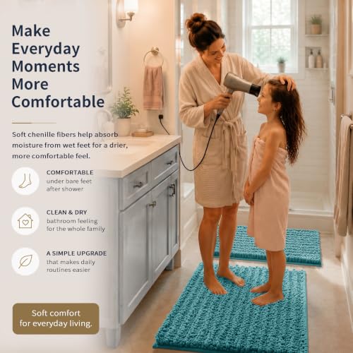 Yimobra Bathroom Rug Set 3 Piece - Super Absorbent Quick Dry Chenille Bath Mats & Toilet Rug, Non Slip Machine Washable, Extra Thick Shaggy Floor Mat for Shower Tub Sink, Teal Blue - color: Teal Blue, size: 24"x17" + 24"x20" + 30"x20"