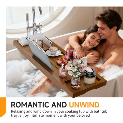 Foldable Bathtub Caddy Tray, Bamboo Bath Tub Tray Table for Tub with Wine Glass Holder Book Phone Tablet Holder with Extending Sides, Adjustable Bathroom Bathtub Free Soap Holder Gift Idea (Walnut) - color: Walnut