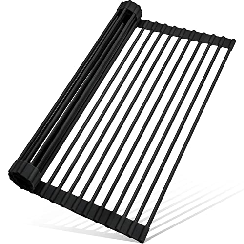 MERRYBOX Roll Up Over The Sink Dish Drying Rack Silicone Wrapped Foldable, Heat-Resistant, Anti-Slip Sink Rack Multipurpose Dish Drainer for Kitchen Sink Counter - Black, 17.5" x 11" - color: Rectangle-black, size: Rectangle: 17.5" x 11"