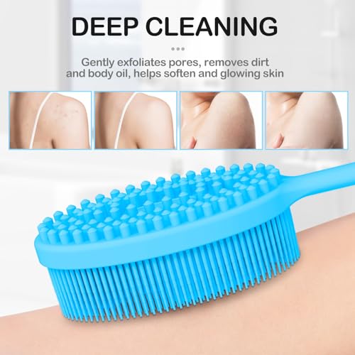 MateeyLife Silicone Body Scrubber Exfoliator with Handle, Gentle Back Scrubber, Shower Brush for Body, Bath Back Brush - color: Blue
