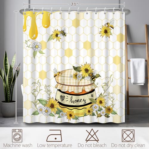Fabric Shower Curtain with Hooks, Waterproof & Washable & Polyester, Spring Funny Bee Daisy Sunflower Floral Shower Curtains for Bathroom, Rusitc Farmhouse Bathroom Curtain, House Gift, 71x74 Inch - color: Bee Sunflower