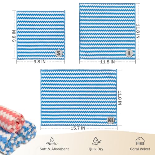 Dish Towels, Coral Velvet Microfiber Cleaning Cloths, Super Absorbent & Fast Drying, Reusable Lint Free Dishcloths for Kitchen, Washing Dishes (12, X Large Blue) - color: X Large Blue