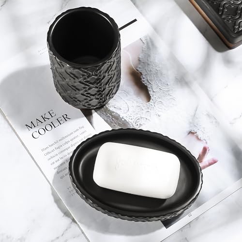 RQYIXI Elegant Bathroom Accessories Set 6 PCS Ceramic and Wood Bathroom Accessory Set Soap Dispenser Toothbrush Holder Tumbler Soap Dish Tray Trash Can Easy to Clean Quatrefoil Pattern Black - color: Black Trash Can