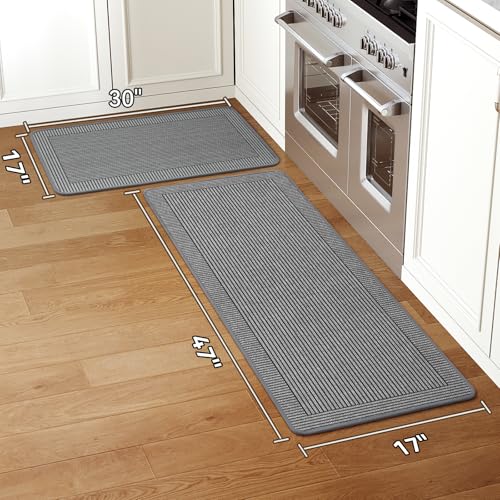 Kitchen Mats for Floor, 17''x30''+17''x47''Kitchen Rugs Set of 2, Washable Non Slip Absorbent Kitchen Mat, Braided Kitchen Runner Rug, Kitchen Sink Rug, Grey - color: A Linear Grey, size: 17''x30''+17''x47''