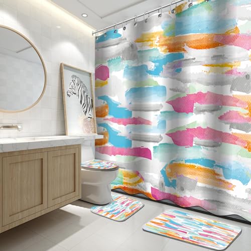 Lnond 4Pcs Abstract Shower Curtain Sets with Rugs, Watercolor Geometric Paint Bathroom Sets with Shower Curtain and Rugs and Accessories - color: Watercolor Geometric Paint