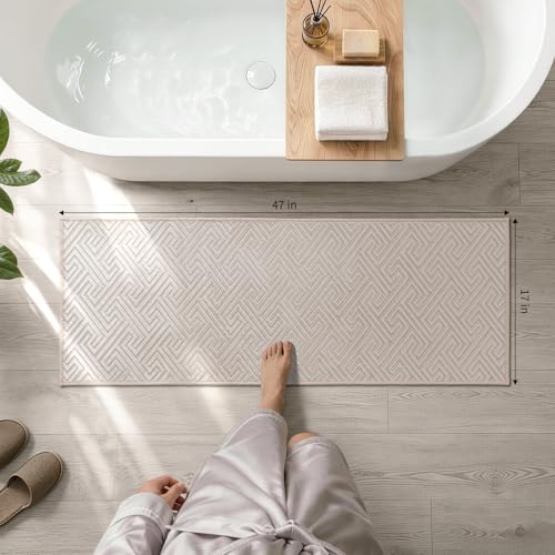 YIHOUSE Beige Bathroom Runner Rugs 17"x47", Quick Dry Non Slip Long Bath Rug, Absorbent Machine Washable Thin Bath Mat for Restroom Floor Tub Laundry Room Home Decor - color: Beige, size: 1'5" x 3'11" (Rectangular)