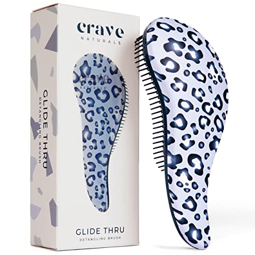 Crave Naturals Glide Thru Detangler Brush - Curly Hair Brush for Women and Kids - Wet and Dry Comb for Adults - Soft Flexible Bristles for Gentle Use - Styling Tool for Curls - Blue Cheetah - color: Blue Cheetah, size: 1 Pack (Regular)