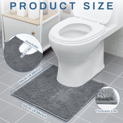 Timgle 6 Pcs U Shaped Toilet Rug 20'' x 20'' Disposable Toilet Mats 0.8'' Thick Chenille Fluffy Training Mats Disposable Non Slip Soft Absorbent Machine Washable Rug for Bath Floor Gray