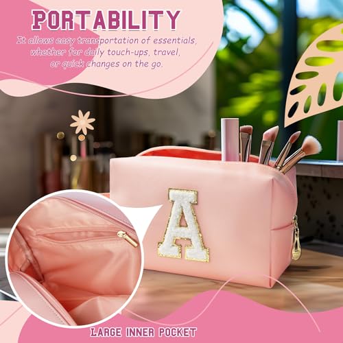 Personalized Initial Makeup Bag with Handle, Preppy Cosmetic Bag with Inner Zipper Pocket, 8 9 10 11 12 13 14 Years Old Girl, Graduation Gifts for Teen Girls Women Teachers (A, Pink) - color: Pink, style: A