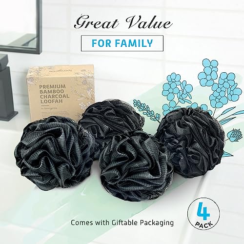 Spongentle Shower Loofah Bath Sponge, Body Scrubber with Soft Mesh, Exfoliating Bath Pouf with Activated Charcoal, Bath Sponge for Women & Men, Bath Accessories for Scrubber Cleaning Tool, 60g 4 Pack - style: Charcoal Black